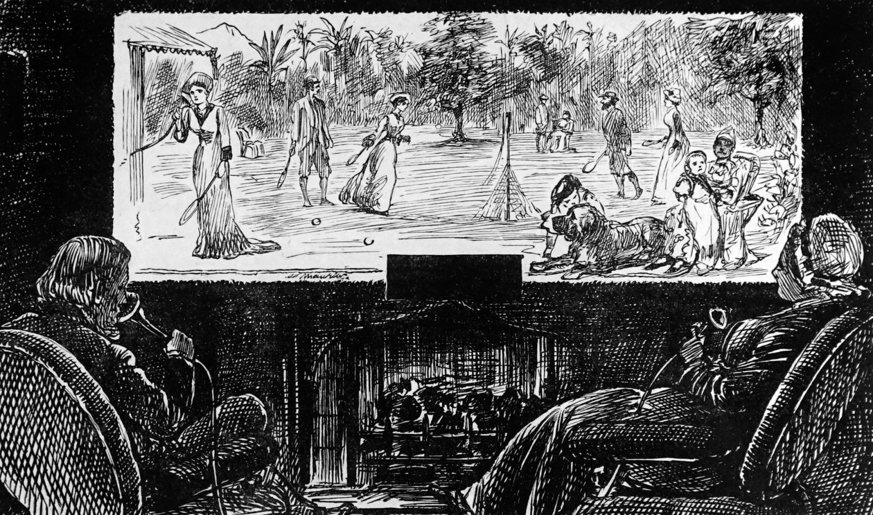 George du Maurier retratando a sua visão da aplicação do telescópio Edison de George du Maurier