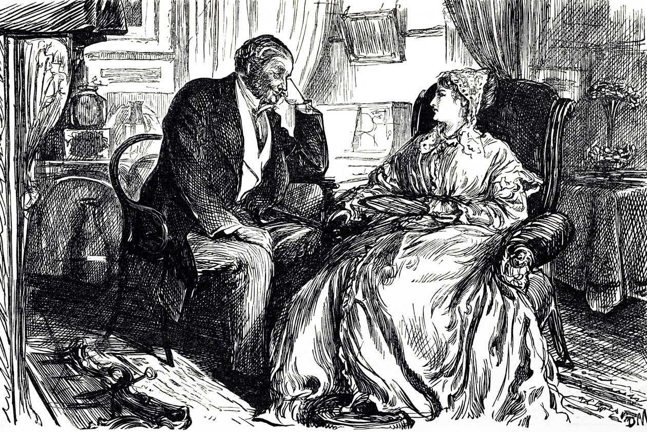 Georges du Maurier ilustrou um homem e uma mulher em conversa sobre os benefícios calmantes do óleo de fígado de bacalhau. Inglaterra 1869 de George du Maurier