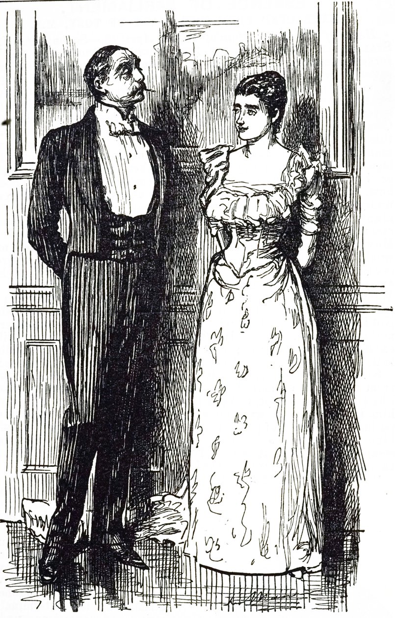 Georges du Maurier ilustrou um homem e uma mulher em conversa num evento da sociedade, Inglaterra 1891 de George du Maurier