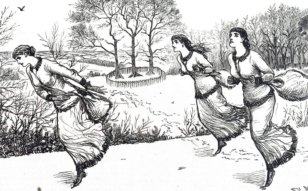 Ilustração que retrata as raparigas que estão a preparar o caminho para a lebre e os cães de caça de George du Maurier