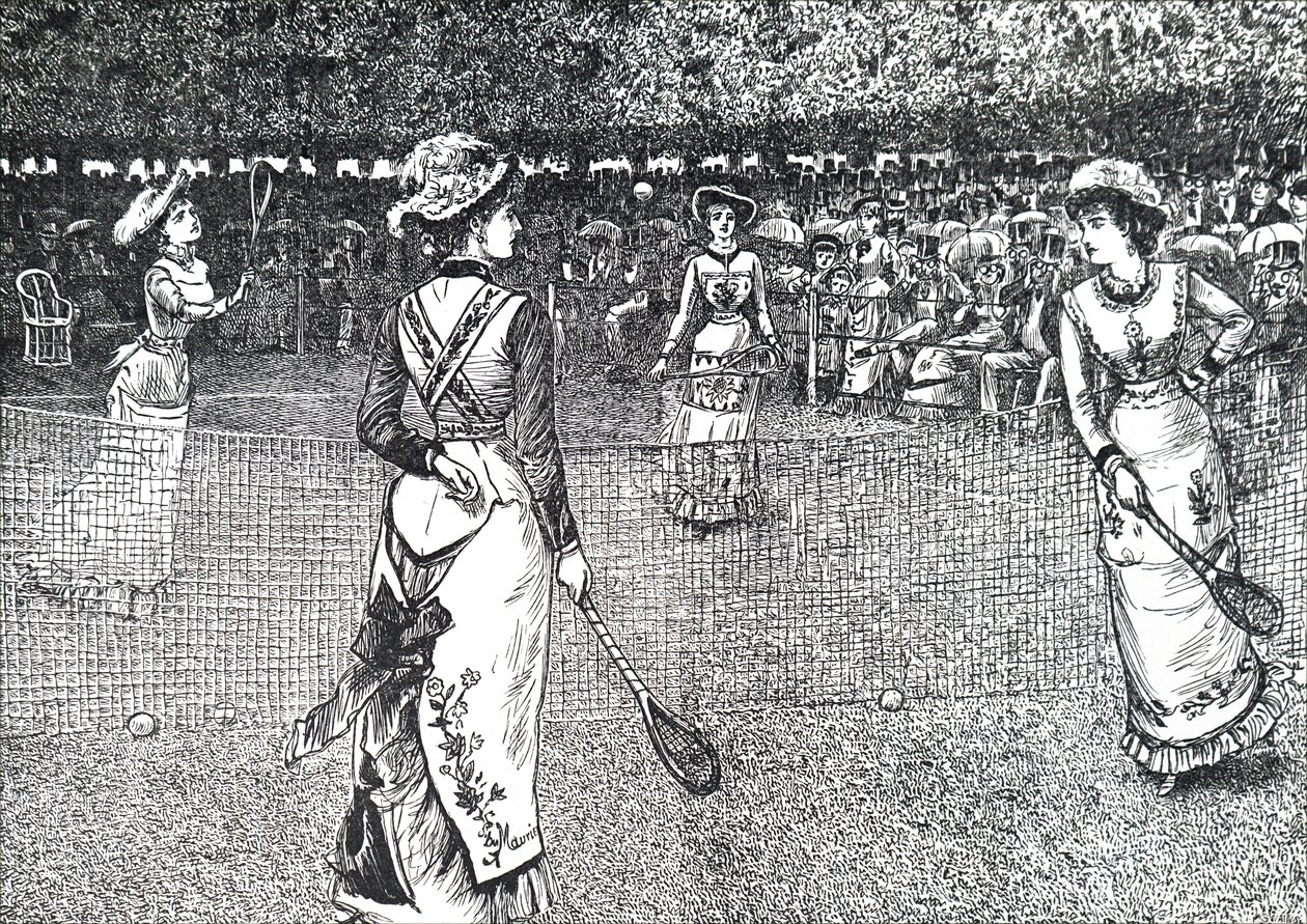Senhoras a jogar ténis no relvado. de George du Maurier