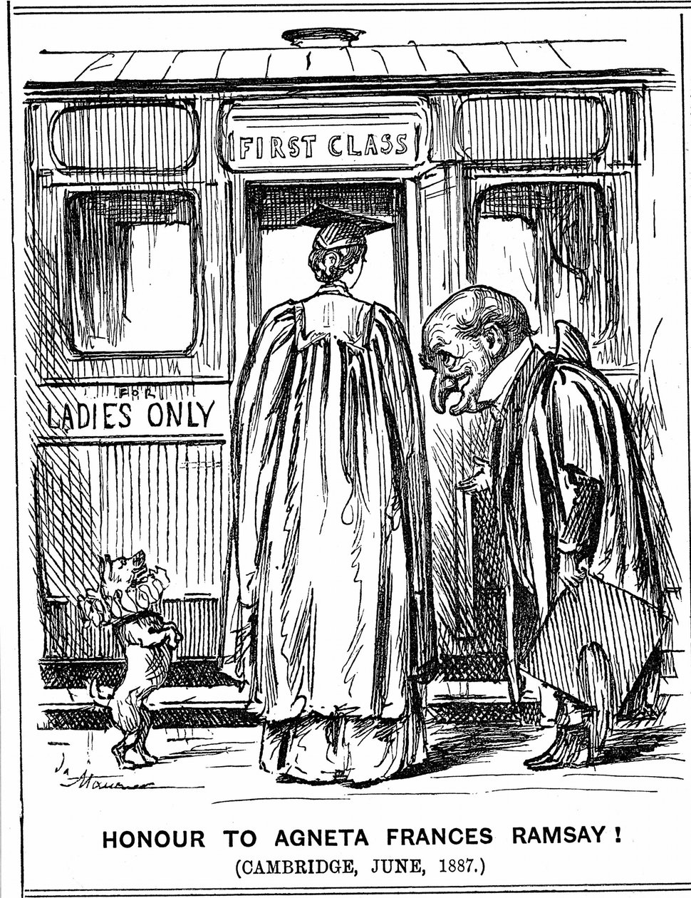 O Sr. Punch se curva para Agneta Frances Ramsay que se sentou, e passou com distinção de primeira classe, os trabalhos prontos, mas não pôde receber um diploma, pois Cambridge não os concedeu às mulheres neste momento. George du Maurier cartoon de Punch, L de George du Maurier