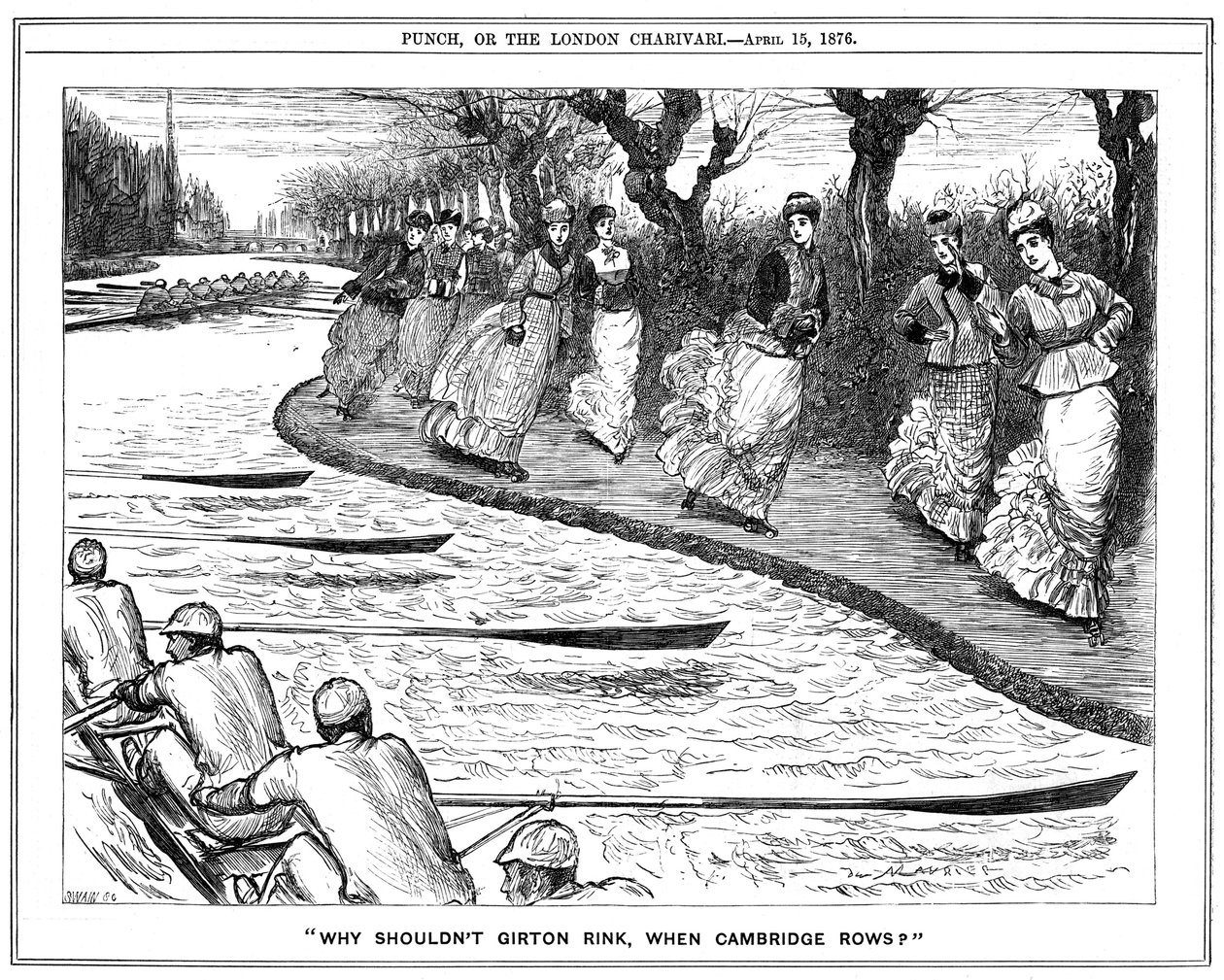 Patinar muito na moda. Estudantes de Girton no caminho de reboque acenando para remadores remando no rio. Desenho animado de George du Maurier de Punch, Londres de George du Maurier