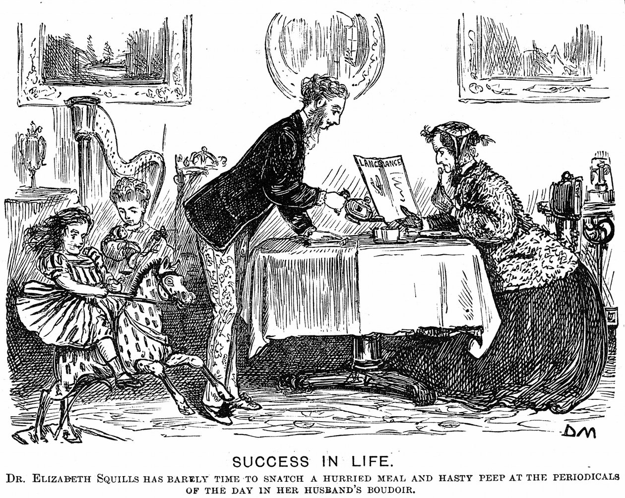 Sucesso na Vida: A inversão de papéis e a mulher profissional moderna. Desenho animado de George du Maurier para Punch Almanack para 1867. Em 1865 Elizabeth Garrett Anderson (1836-1917) foi licenciada para praticar pela Society of Apothecaries. de George du Maurier