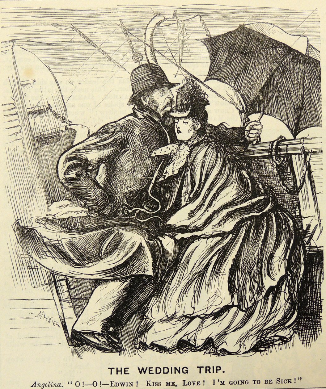 A Viagem de Casamento: casal em lua-de-mel que sofre de enjôo enquanto atravessa o Canal da Mancha. Desenho animado de George du Maurier de "Punch", Londres de George du Maurier