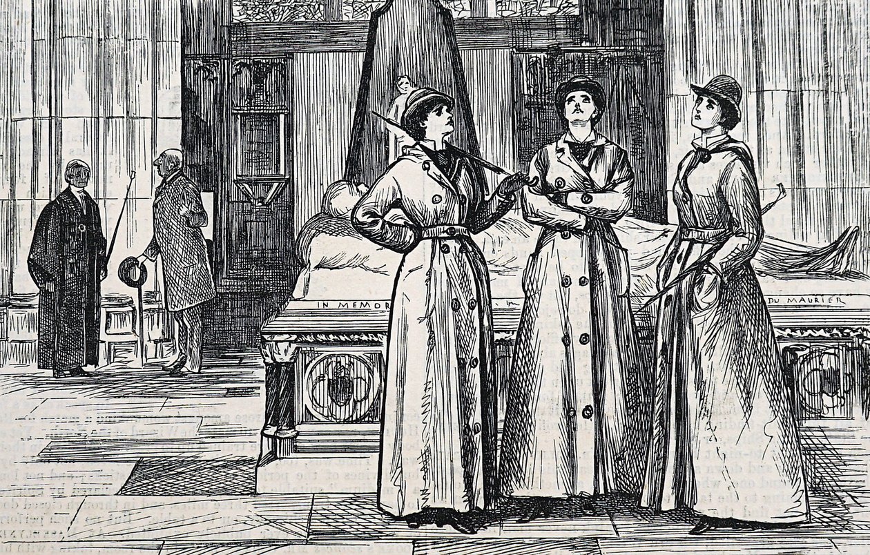 Três mulheres com casacos compridos, num museu. de George du Maurier