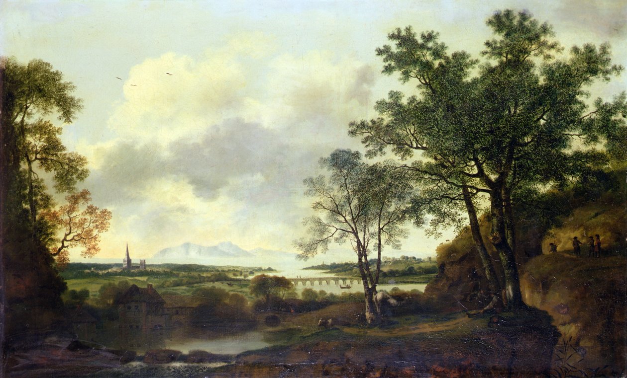 Uma visão caprichosa de Chichester, com figuras e gado em primeiro plano de George of Chichester Smith