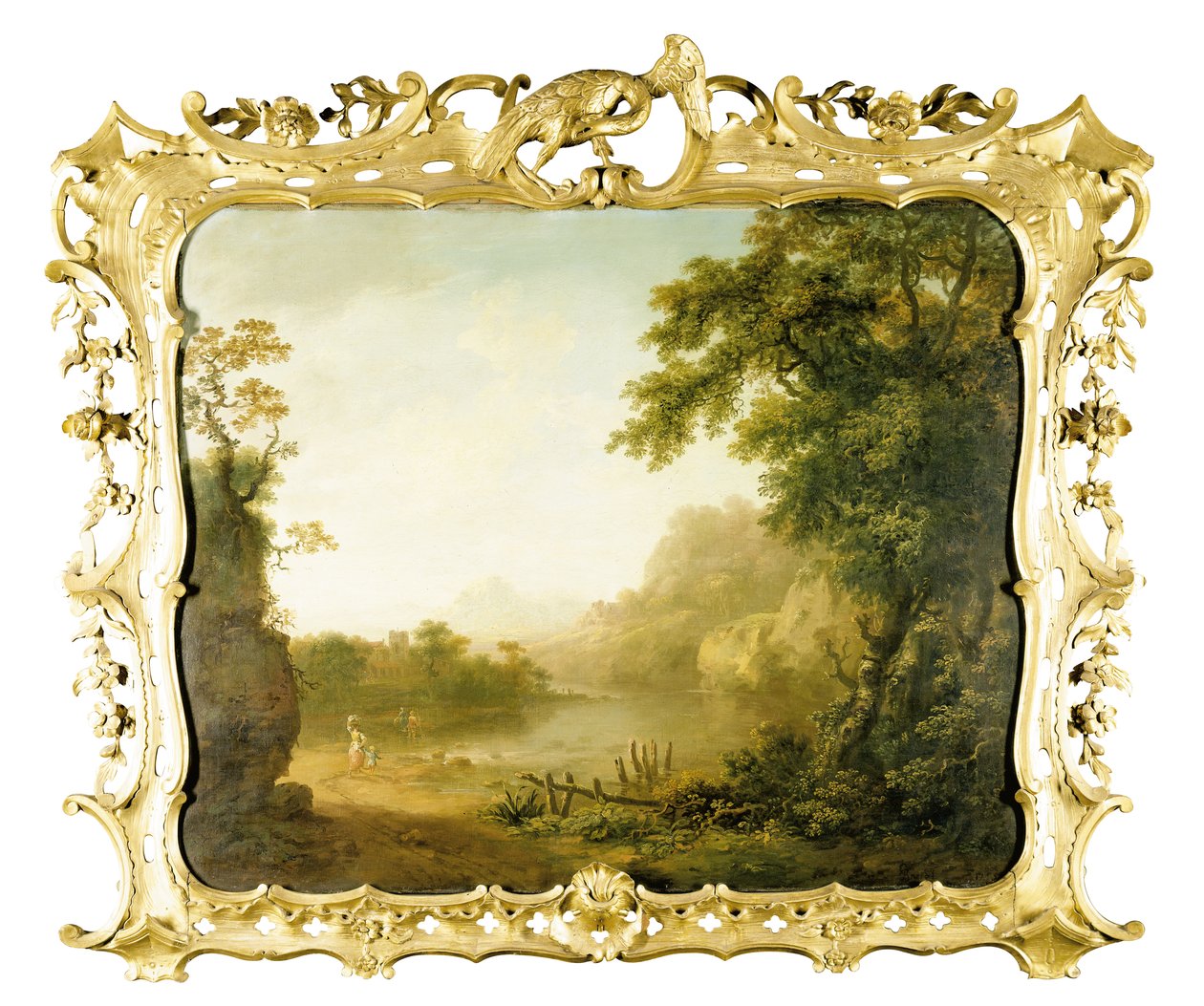 Uma paisagem de rio arborizado italianizado com figuras em primeiro plano e uma vila além, 1755 de George the Elder Barret