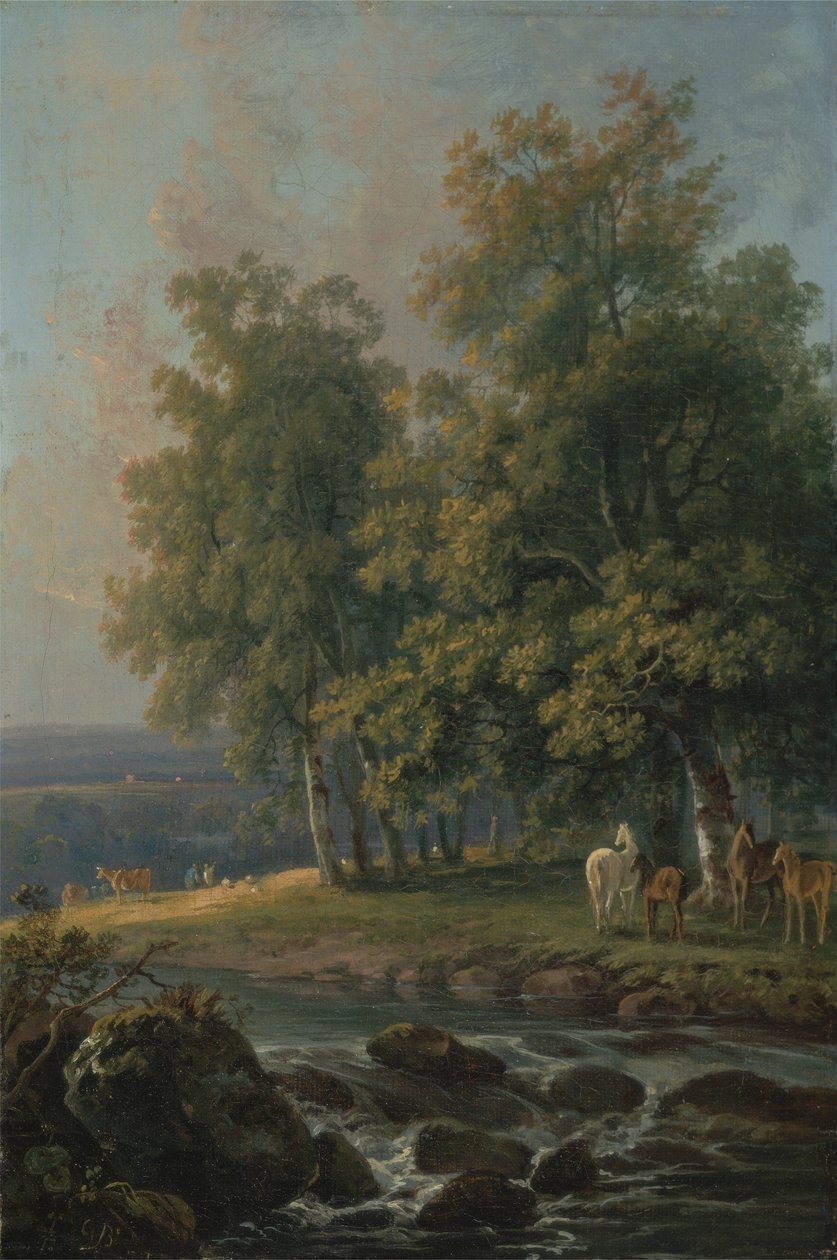 Cavalos e gado por um rio, 1777 de George the Elder Barret