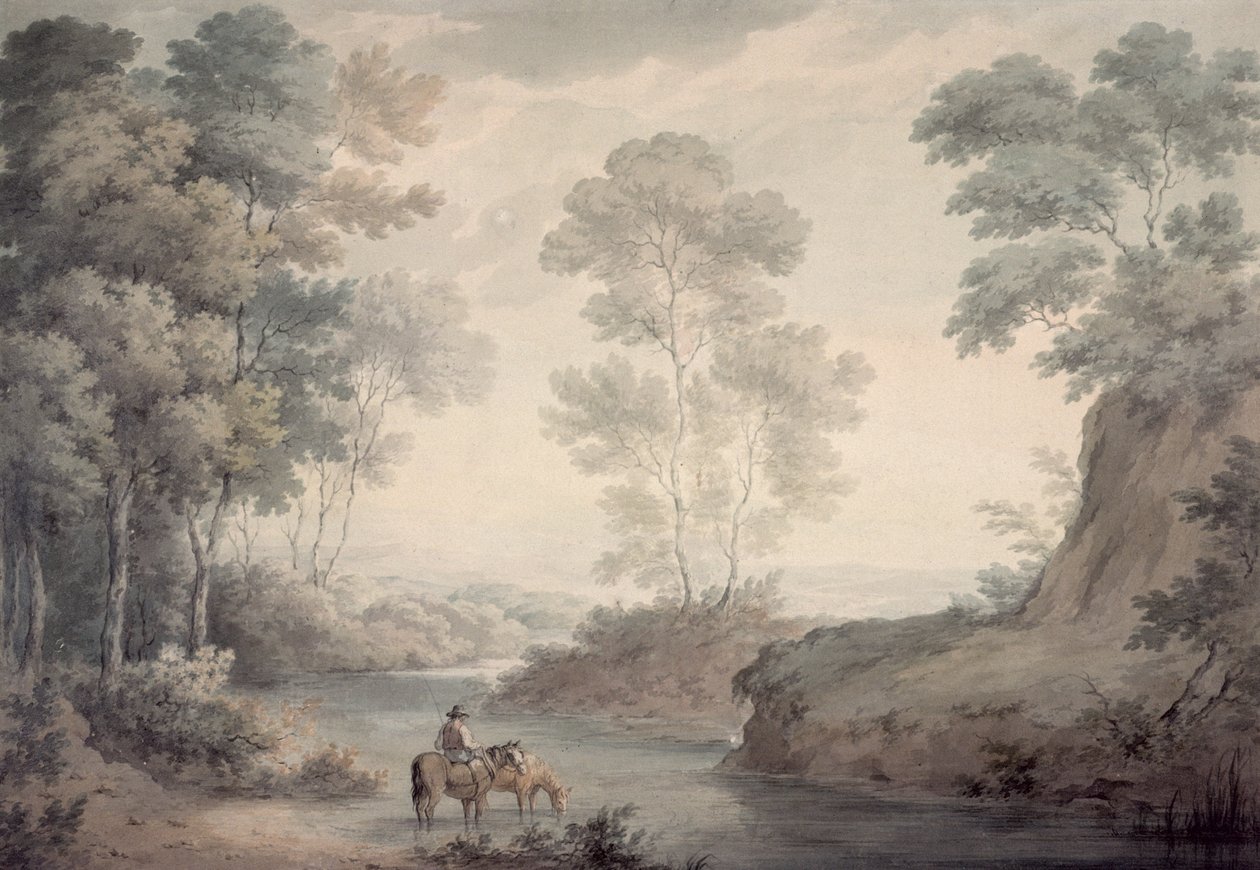 Paisagem com rio e rega de cavalos de George the Elder Barret