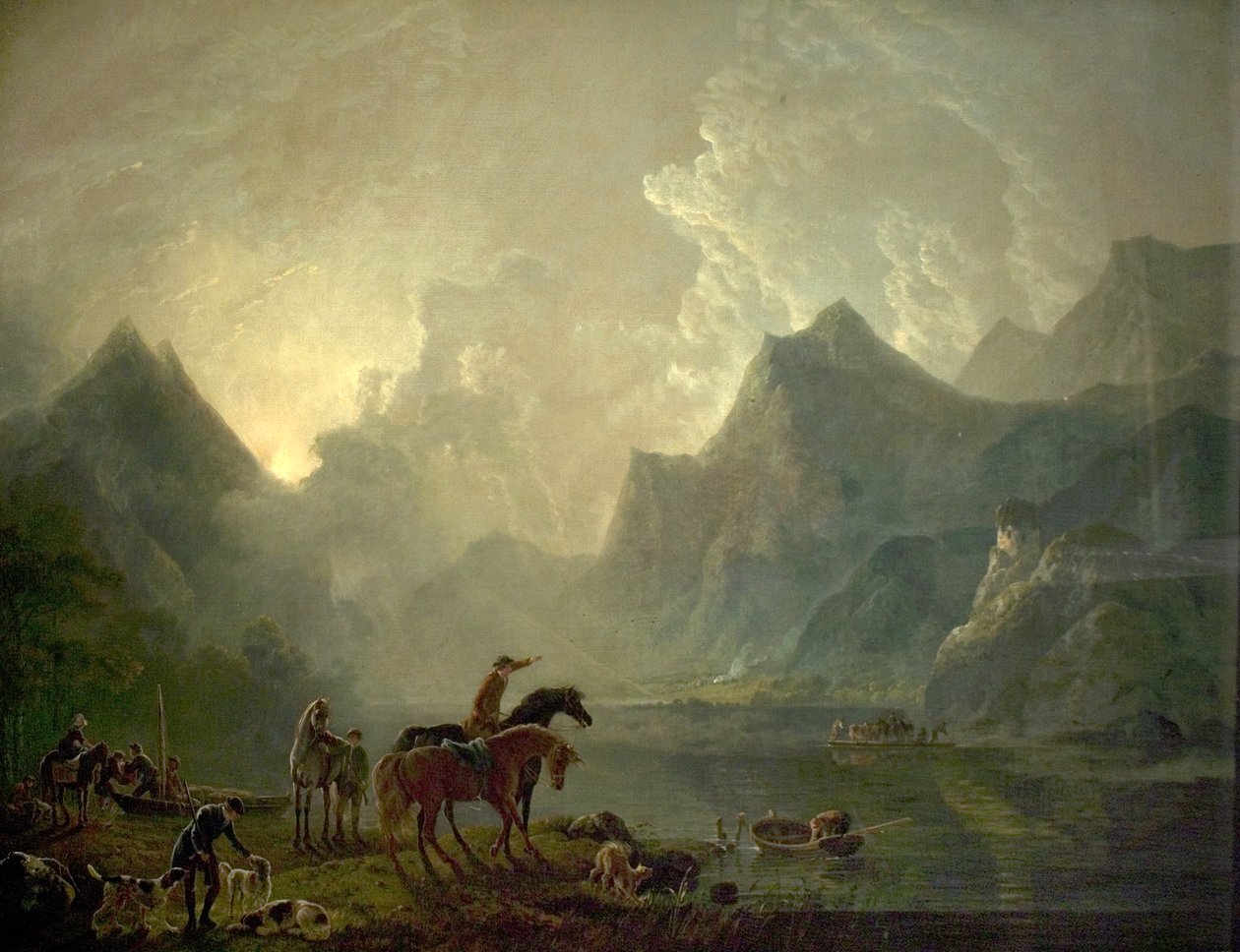 Lago Llanberis e Castelo de Dolbadarn, Gales do Norte, 1777 de George the Elder Barret