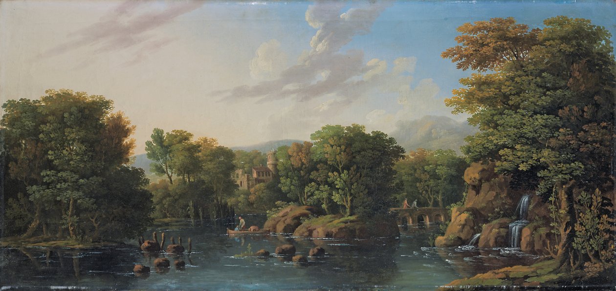 Paisagem do rio arborizado de George the Elder Barret
