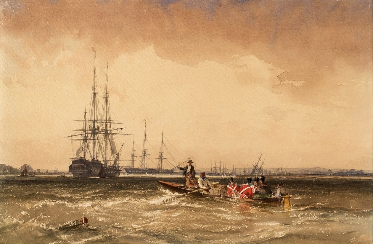 No Medway (Fuzileiros navais a caminho do Indiaman, Northfleet) de George the Elder Chambers