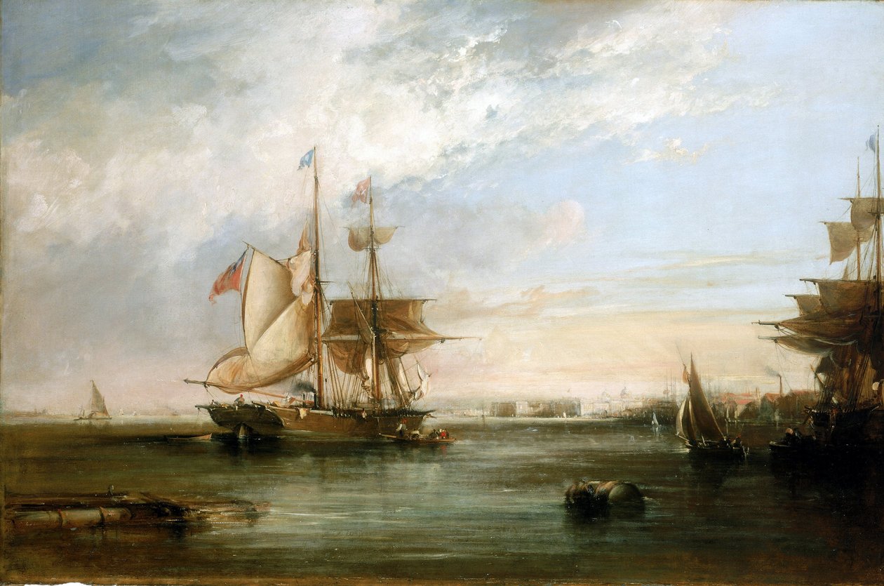 O iate "Isabel" ao largo da costa de Deptford (Inglaterra). Pintura a óleo de George the Elder Chambers