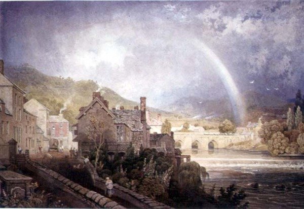 Aldeia e ponte de Llangollen, North Wales, com efeito do arco-íris de George the Younger Barret