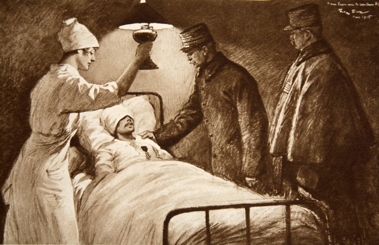 Um chevalier da Legião de Honra: um capitão francês ferido, prestes a se submeter a uma operação perigosa, decorada por seu general em um hospital de campanha, de "The Illustrated War News". de Georges Bertin Scott