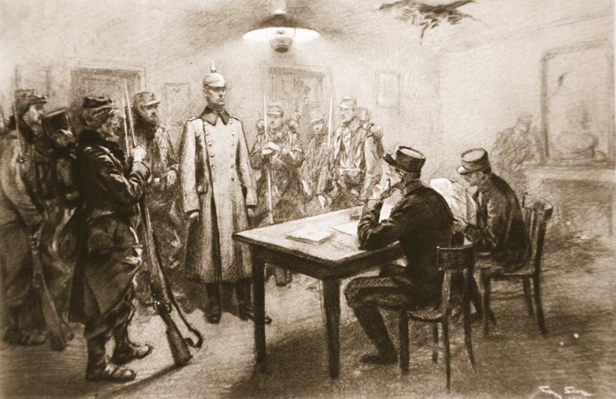 "Constituindo o Corpo do Exército sem alças": um oficial alemão capturado sendo examinado por membros de um Estado-Maior francês, de "The Illustrated War News" de Georges Bertin Scott