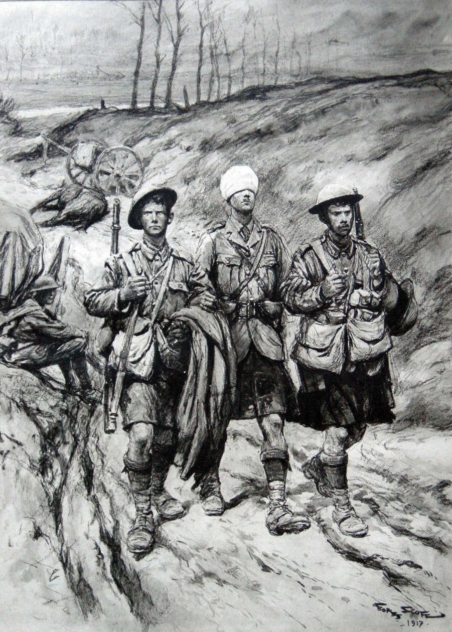 Soldados escoceses ajudando seu oficial ferido, 1917 de Georges Bertin Scott