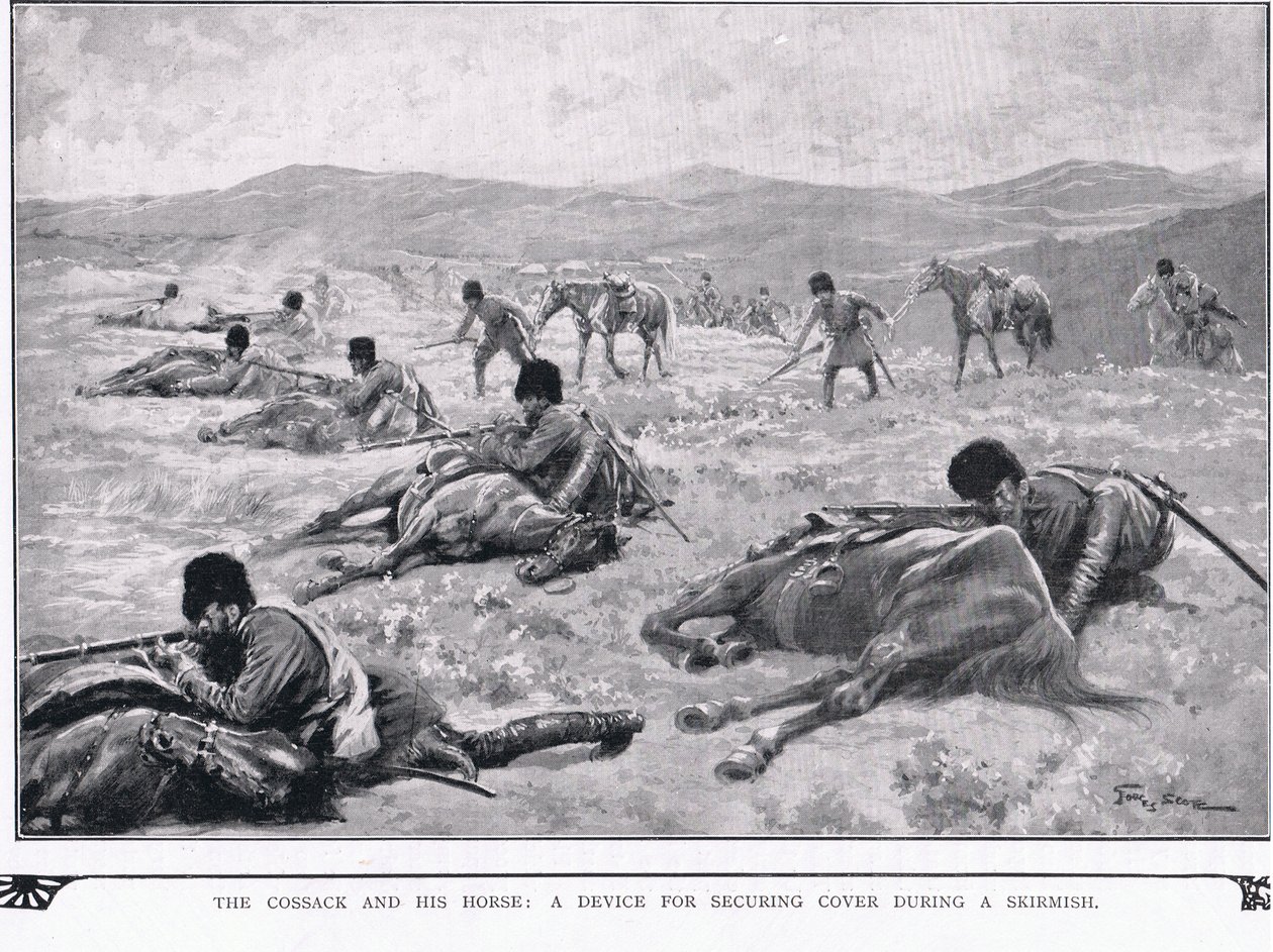 O cossaco e seu cavalo durante a guerra russo-japonesa de Georges Bertin Scott