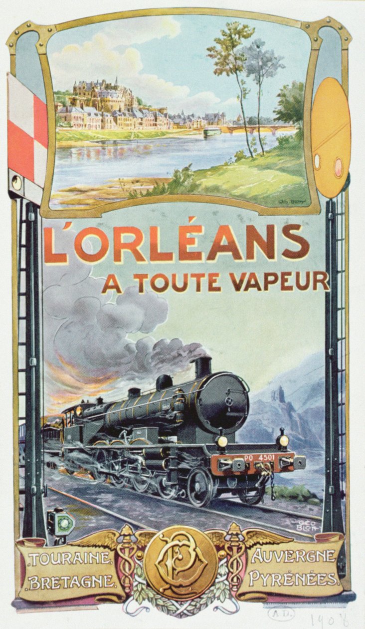 Cartaz publicitário do serviço ferroviário &39;The Orleans has All Steam&39;, 1908 de Georges Blott