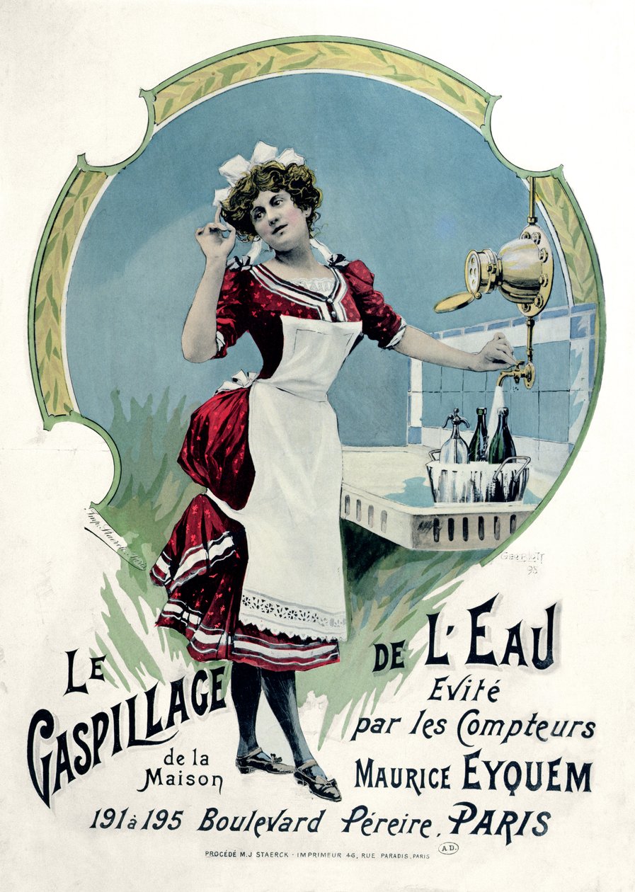 "O desperdício de água é evitado", anúncio dos hidrômetros de Maurice Eyquem, 1898 de Georges Blott