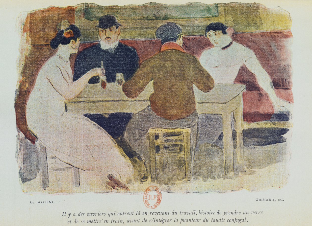 Trabalhadores bebendo, ilustração de &39;La Maison Philibert&39; por Jean Lorrain (1855-1906) publicado em 1904 de Georges Bottini