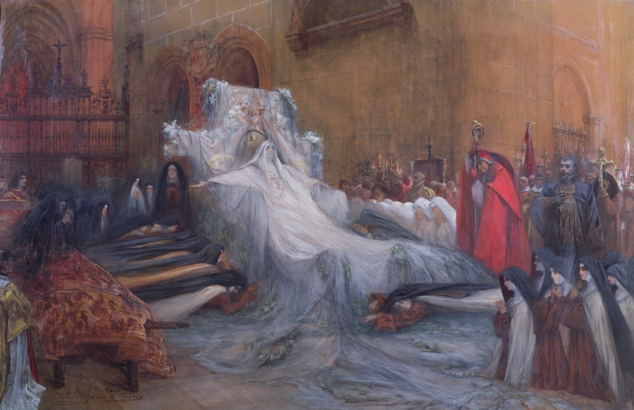 Sarah Bernhardt no papel-título de Santa Teresa de Ávila na peça &39;La Vierge d&39;Avila&39; de Mendes, produzida em 1906 de Georges Clairin