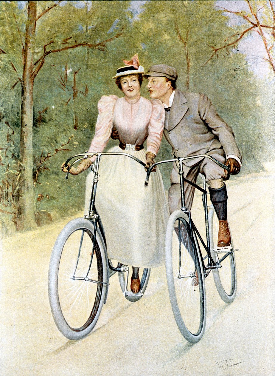 Casal vai andar de bicicleta, 1893 (gravura de cor) de Georges Debrock