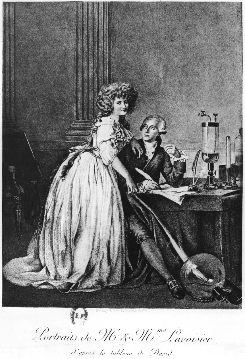 Antoine Laurent Lavoisier (1743-94) e sua esposa Marie Anne Paulze (1758-1836) (Heliogravura) de Georges Ernest Profit