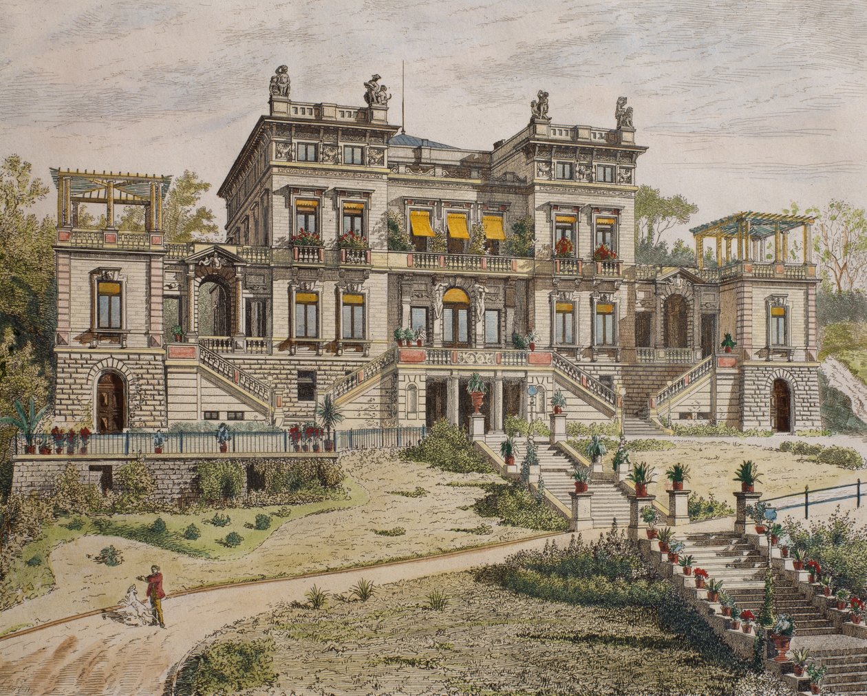Castelo perto de Stuttgart, frente jardim, ilustração de &39;Le Moniteur des architectes&39;, 1881 (gravura de cor) de Georges Felix Garen