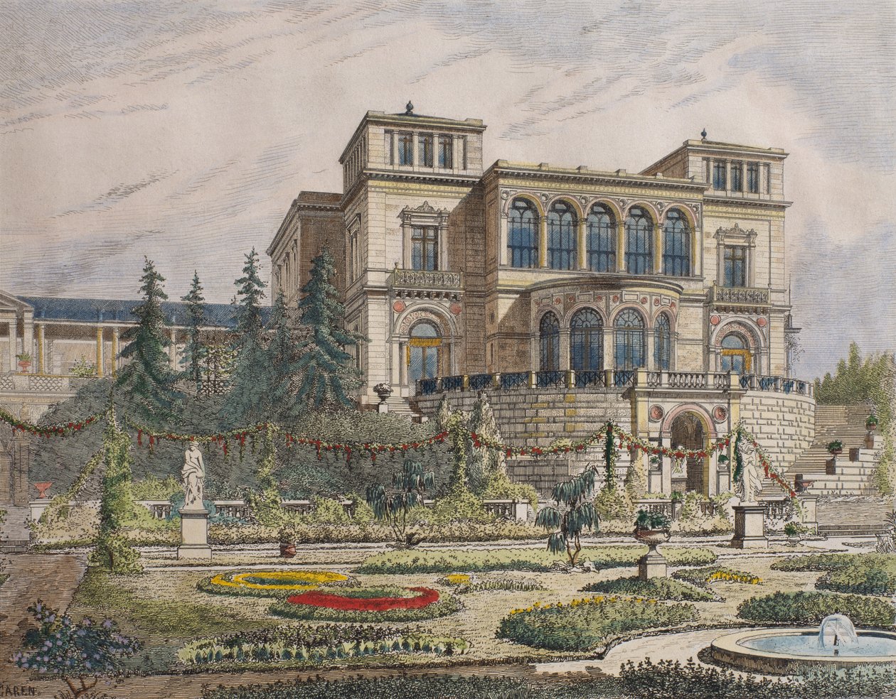 Castelo perto de Stuttgart, varanda de fachada, ilustração de &39;Le Moniteur des architectes&39;, 1881 (gravura de cor) de Georges Felix Garen
