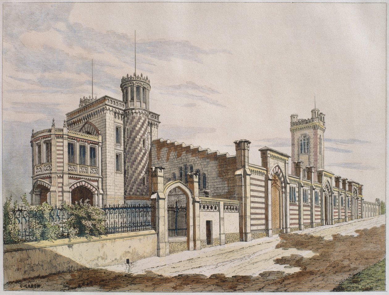 Armazém da Madame Viúva Pommery Champagne em Reims, ilustração de &39;The Moniteur des architectes&39;, 1882 (gravura a cores) de Georges Felix Garen
