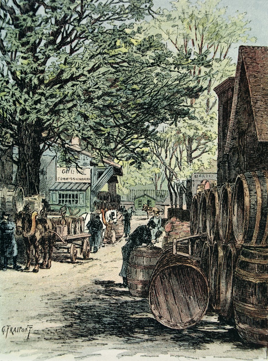 Armazéns de vinho em Bercy, em Paris, 1890 (gravura a cores) de Georges Fraipont
