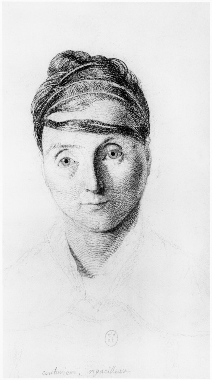 Uma orgulhosa costureira, vista frontal, ilustração de um tratado inédito de Jean Etienne Dominique Esquirol (1772-1840) sobre os loucos do asilo de Salpetriere, c.1818 de Georges Francois Gabriel
