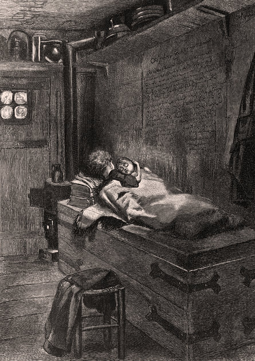 Gwynplaine e Dea dormindo em um baú - ilustração de L&39;Homme qui rit, do século XIX (gravura bw) de Georges Marie Rochegrosse