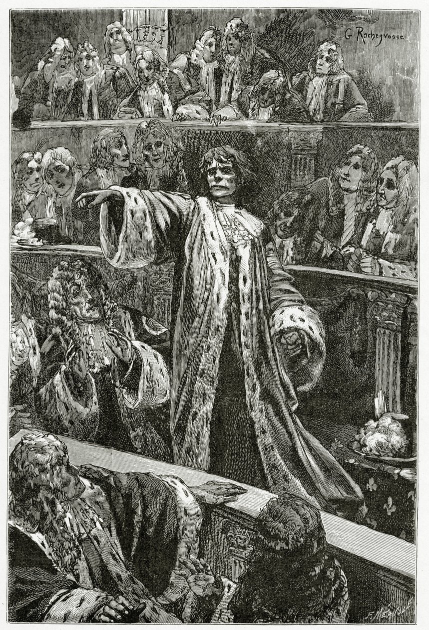 Gwynplaine na Câmara dos Lordes - ilustração de L&39;Homme qui rit, do século XIX (gravura bw) de Georges Marie Rochegrosse