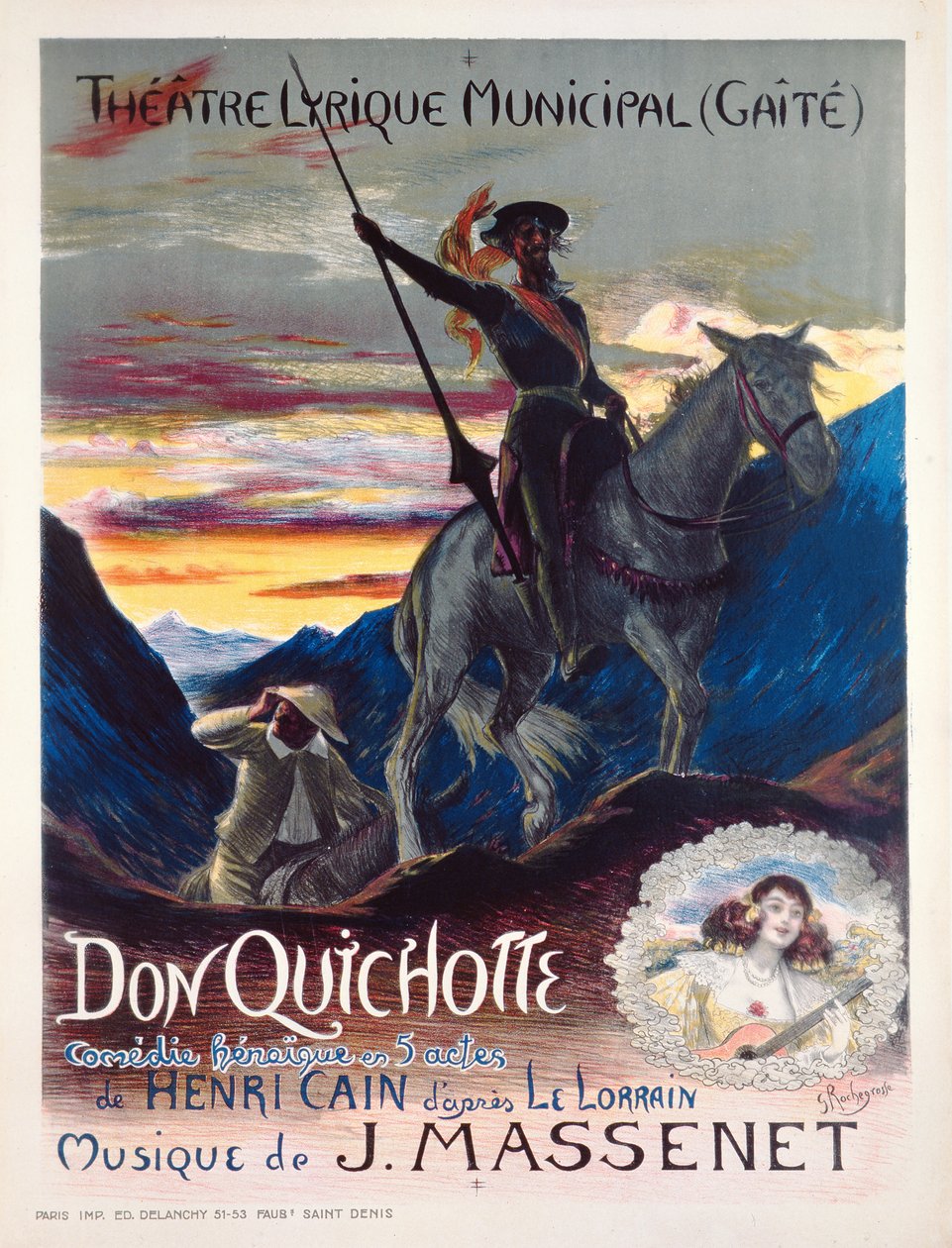 Cartaz publicitário da primeira produção da ópera, Don Quichotte, no Teatro yaite-Lyrique em Monte Carlo, 19 de fevereiro de 1910 de Georges Marie Rochegrosse