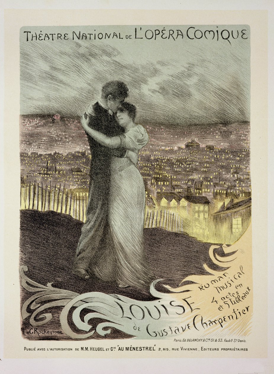 Reprodução de um cartaz publicitário "Louise", de Gustave Charpentier, no Teatro Nacional da L&39;Opera Comique, em Paris de Georges Marie Rochegrosse