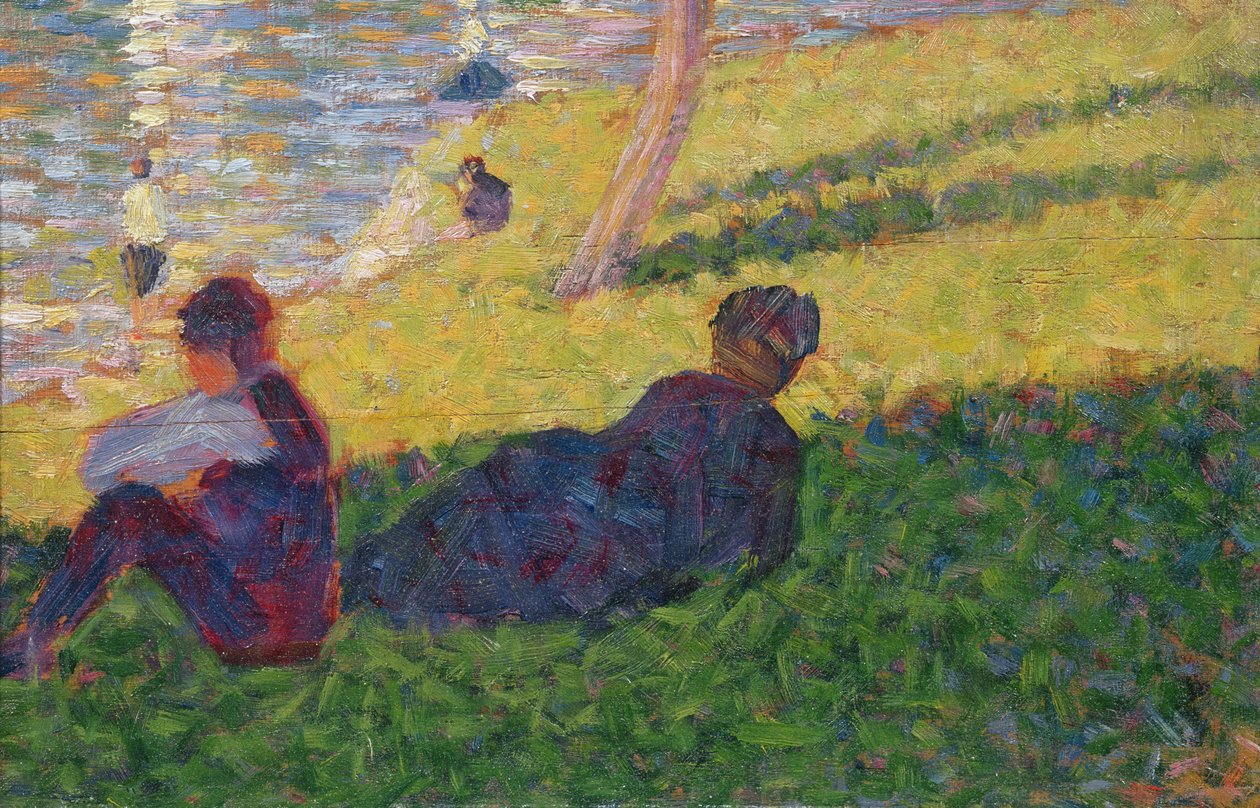 Homem sentado e mulher reclinada, estudo para uma tarde de domingo na ilha de La Grande Jatte, 1884 de Georges Seurat