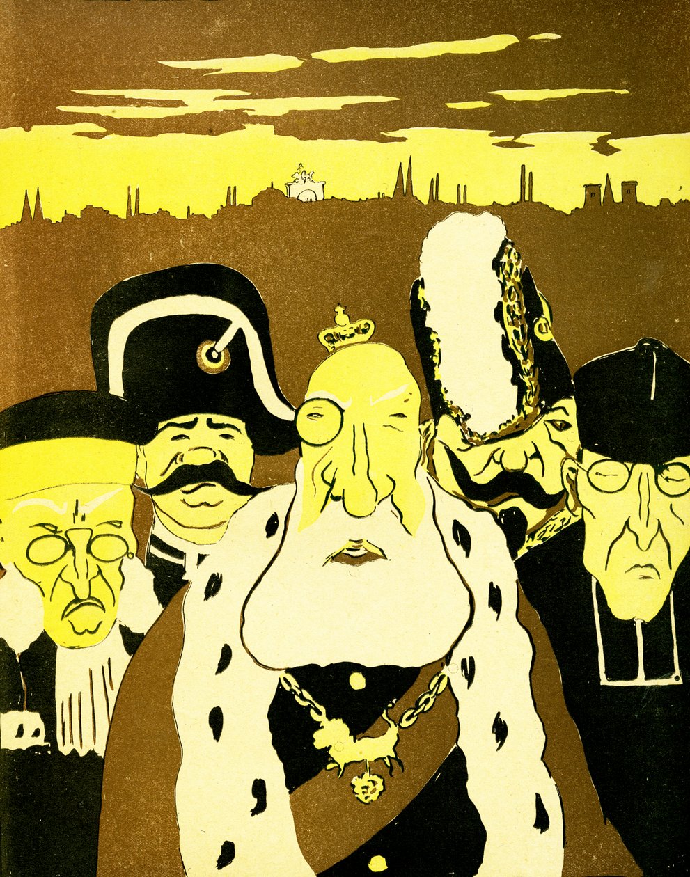 Leopold II retratado com um juiz da corte, policial, general militar e sacerdote, 1904. de Georges d 1878 1937 Ostoya