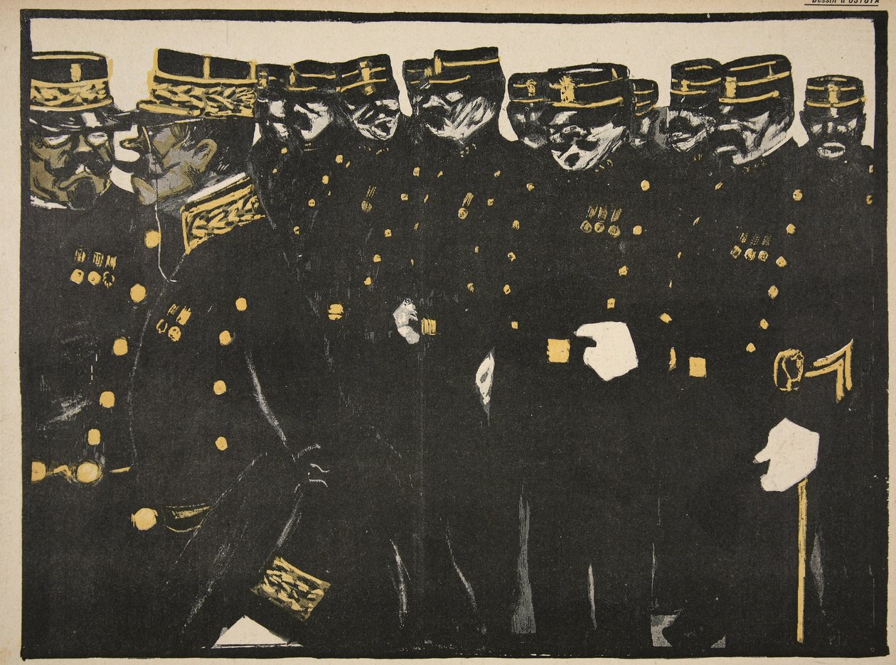Inspeção de uma linha de policiais, ilustração de &39;L&39;assiette au Beurre: La Police&39;, 23 de maio de 1903 de Georges d