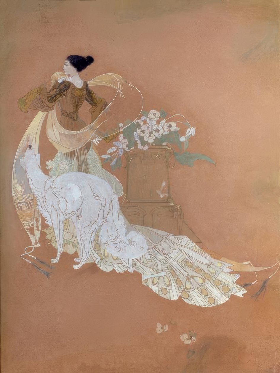 Georges de Feure, Senhora Elegante com Barsoi - Guache de Georges de Feure