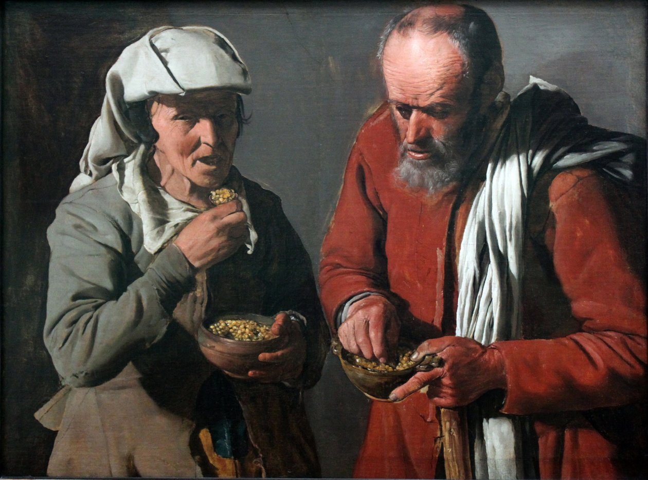 Ervilhas, comer, camponês, par de Georges de La Tour