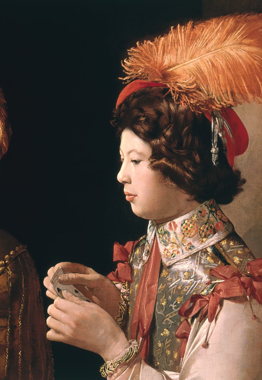 A Batota com o Ás de Diamantes, detalhe representando o jogador de cartas masculino com o chapéu de penas, c.1635-40 (detalhe de 90053) de Georges de La Tour