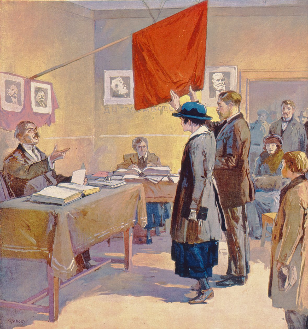 Um casamento civil na Rússia na altura da Revolução, c.1923 (litografia a cores) de Georges (after) Carrey