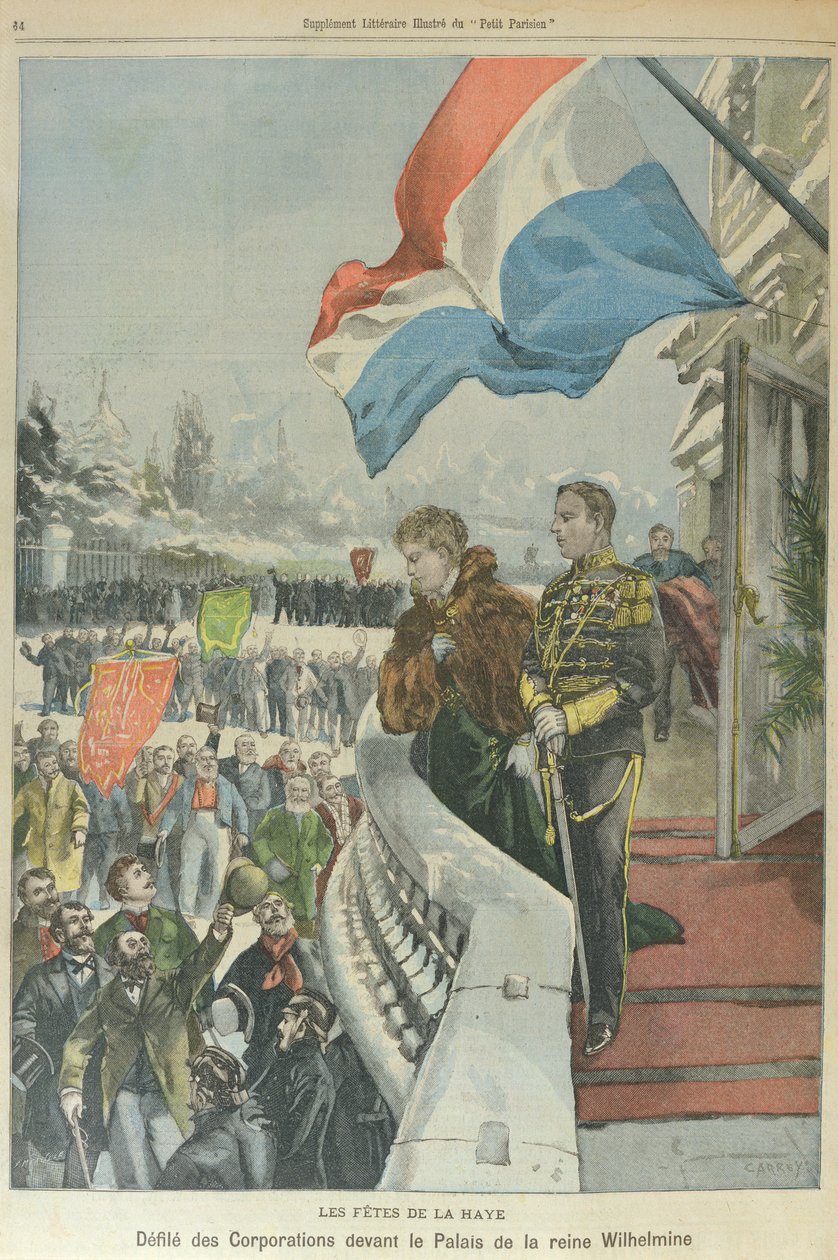 Procissão de corporações em Haia perante a Rainha Wilhelmina dos Países Baixos para celebrar o seu casamento com o Duque Henrique de Mecklenburg, fevereiro de 1901 (litografia a cores) de Georges (after) Carrey