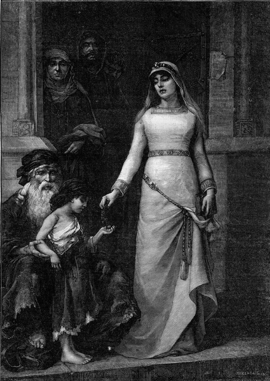 Blanche de Castille, Rainha de França (1188 - 1252), apelidada de Amor dos Pobres" (1879). Gravura após a pintura de Georges Moreau de Tours (1848-1901) em "O Mundo Ilustrado" n°1267 de 9 de julho de Georges (after) Moreau de Tours