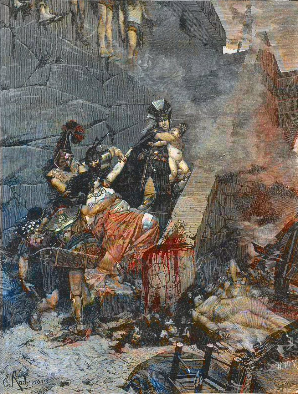 Andromache - Andromaque (Ulysses rasga Astyanax dos braços do Andromaque para lançá-lo do topo das paredes de Tróia) - ENGRAVANDO DEPOIS DA PINTURA DE George-Antoine Rochegrosse (1859-1938) de Georges (after) Rochegrosse