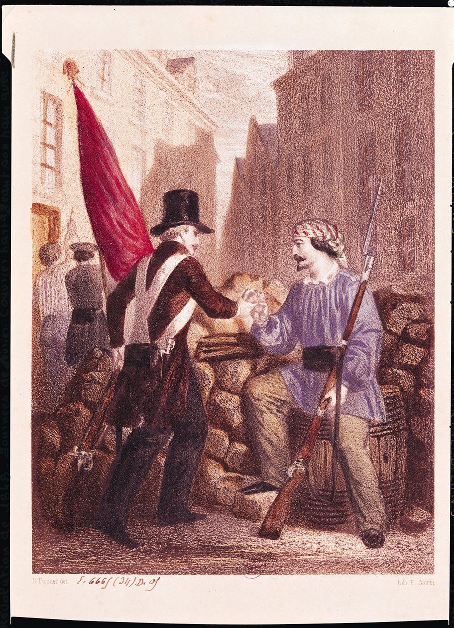 Um trabalhador compartilhando seu pão com um estudante carregando uma bandeira vermelha, de &39;Les Journees de Fevrier&39;, gravada por H. Jannin de Georges Alexandre Fischer