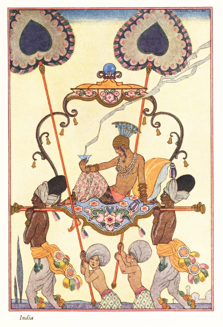 Uma mulher nobre queima incenso num palanquim, Índia antiga de 1928 (estampado) de Georges Barbier